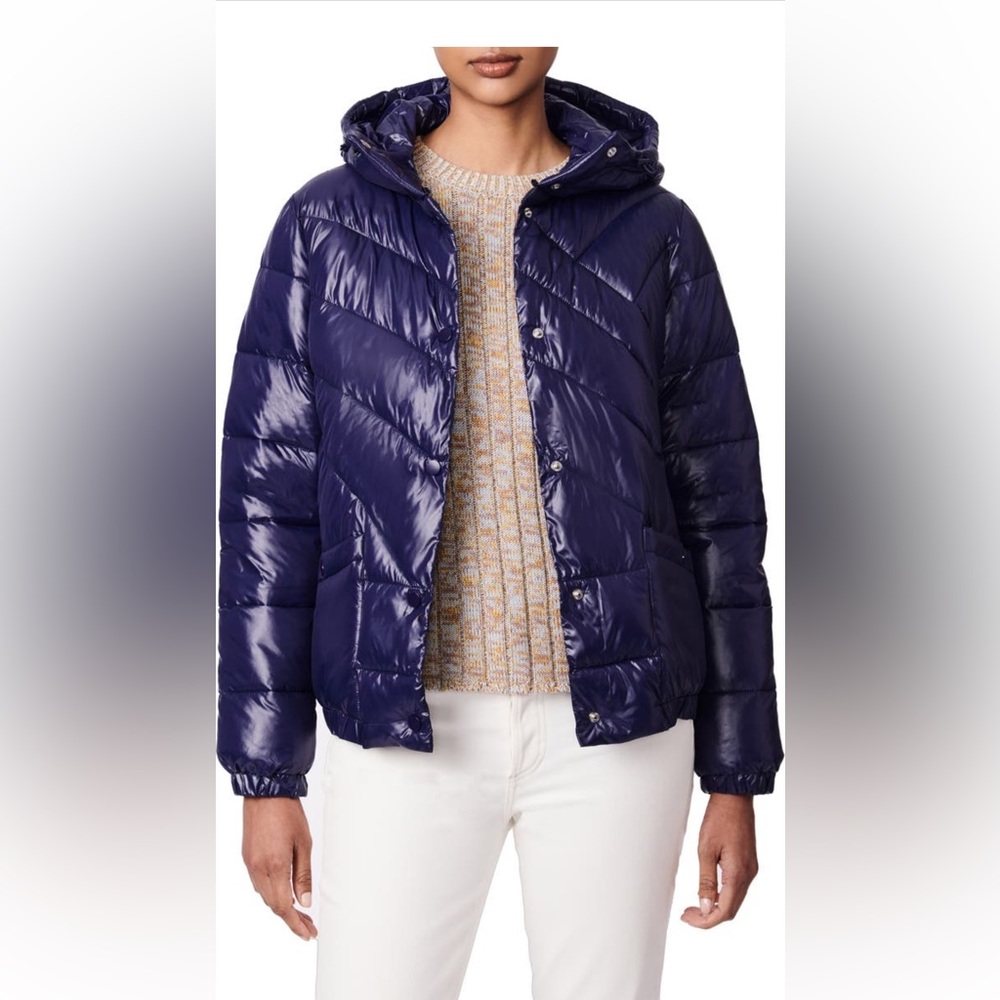 Bernardo shiny quilted puffer jacket, navy, small, new